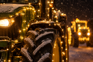 Beleuchteter Traktor in winterlicher Abendstimmung als abstraktes Motiv für die Neukalener Lichterfahrt